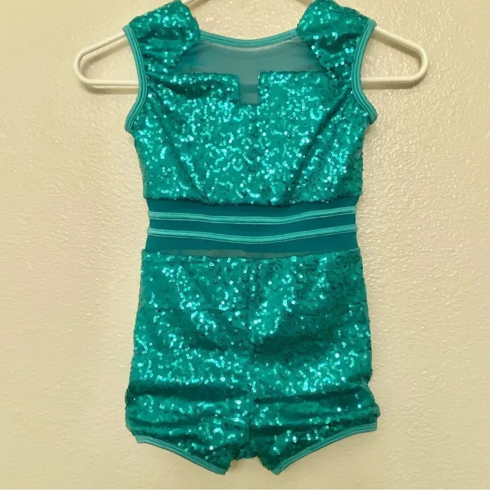 Curtain Call Dance Costume Kelly green aqua blue teal sequin J5509 CME M